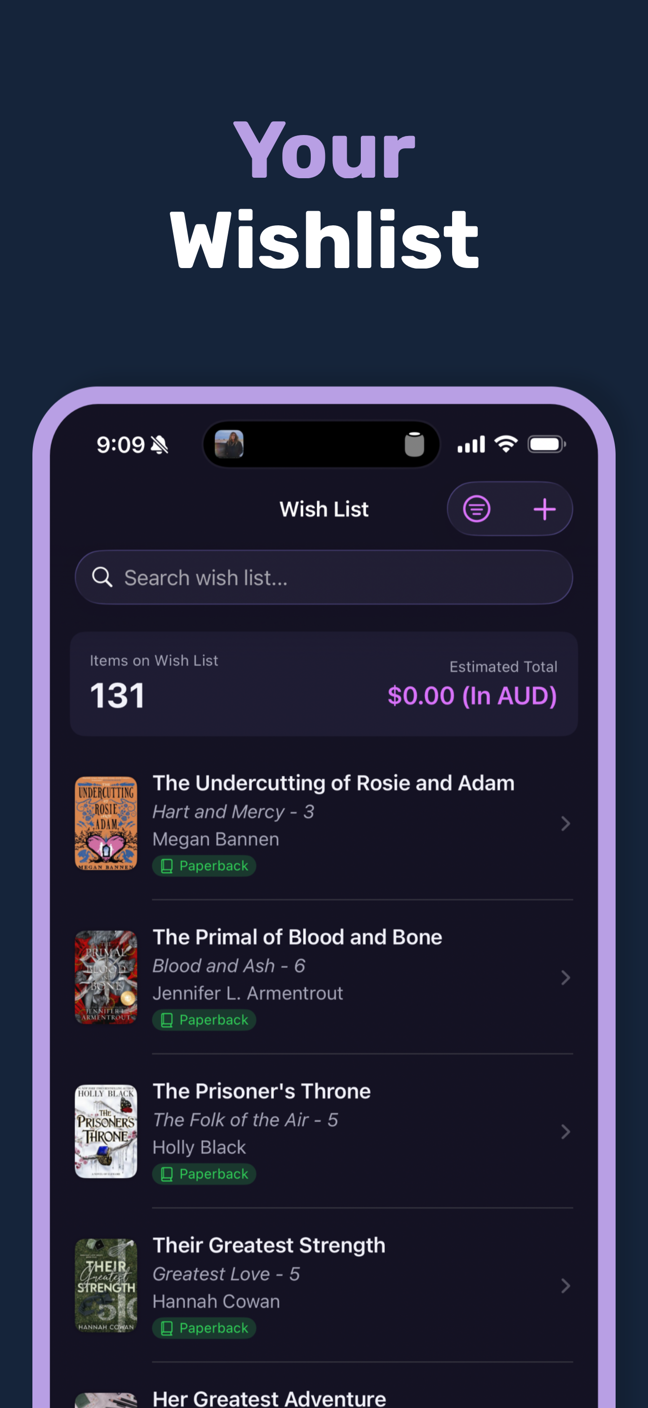Bookmark wishlist screen