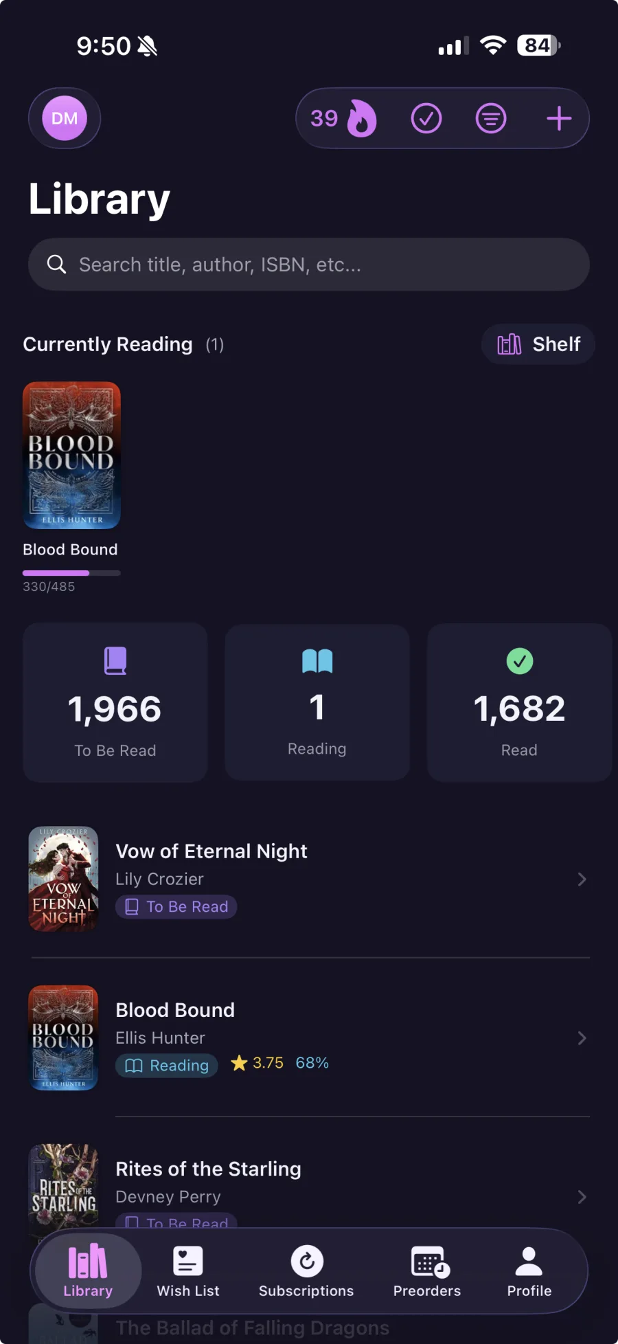 Bookmark library screen
