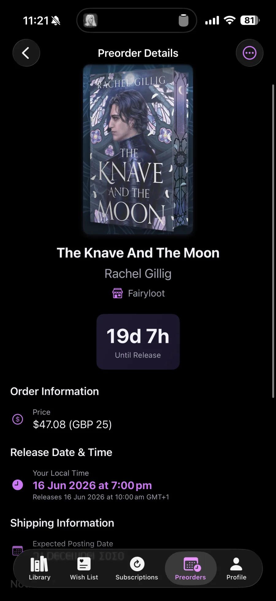 Preorder details with release countdown
