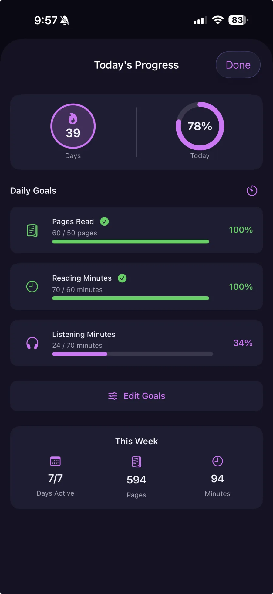 Goal tracking with reading streak