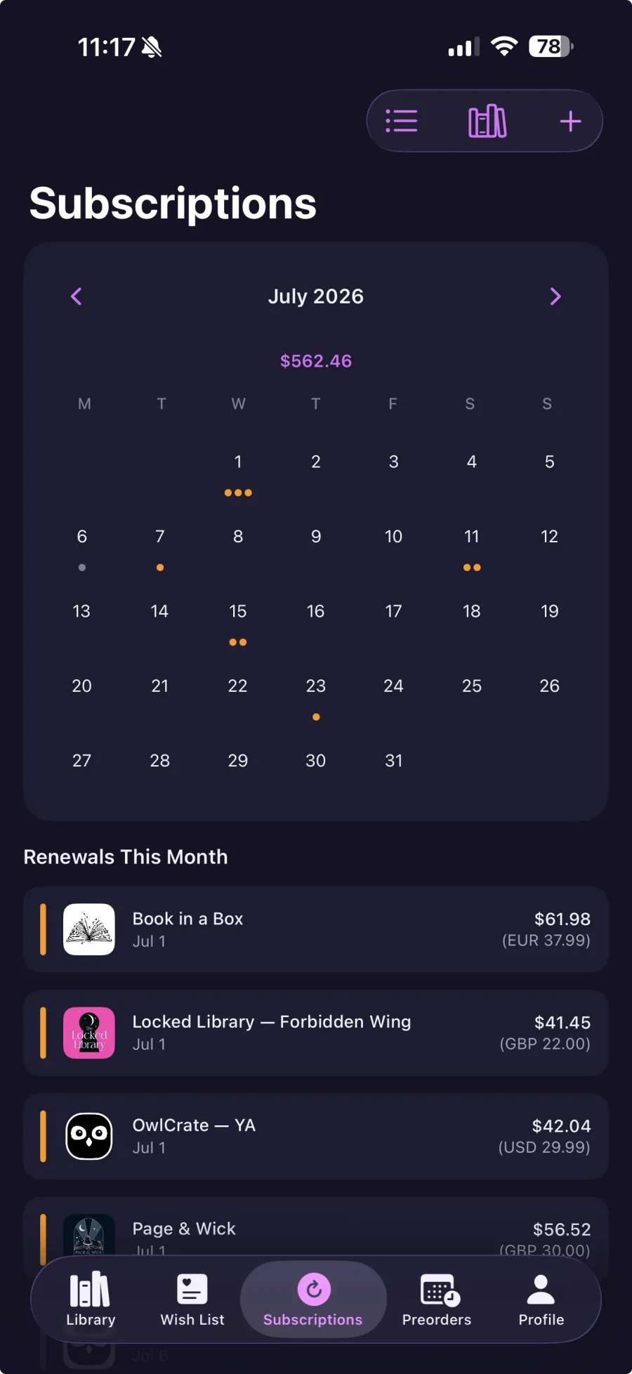 Subscription renewals calendar