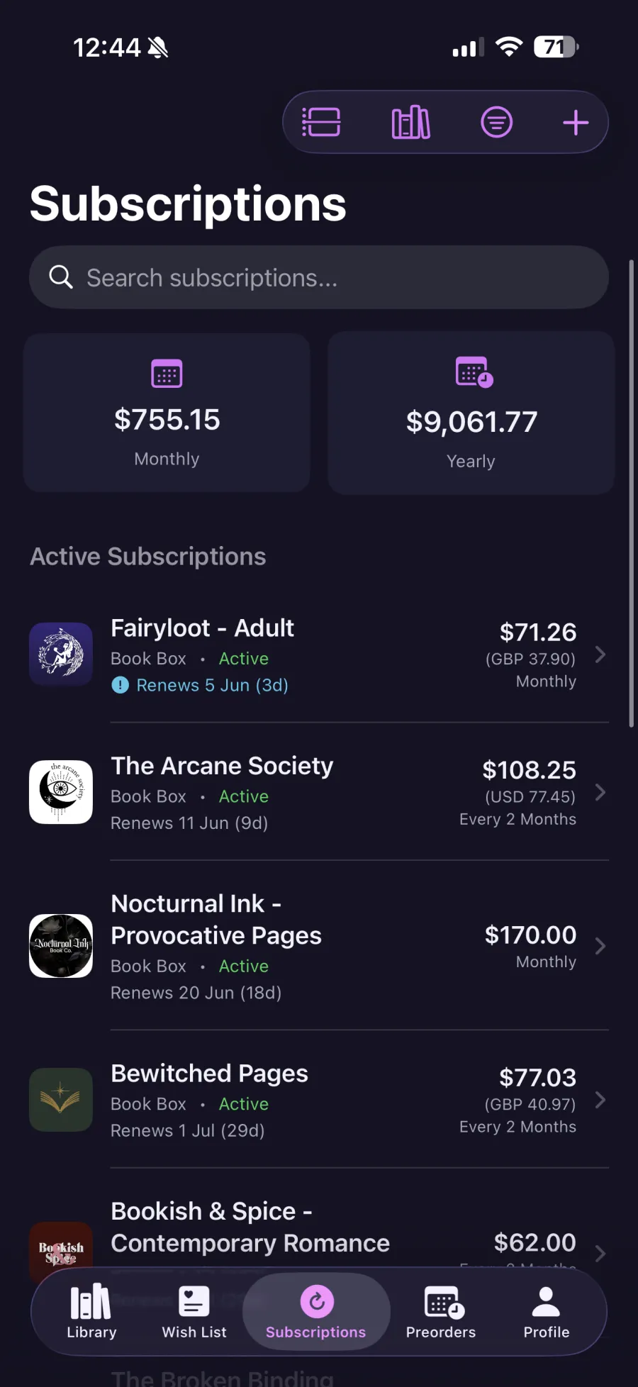 Book subscriptions with monthly and yearly spend